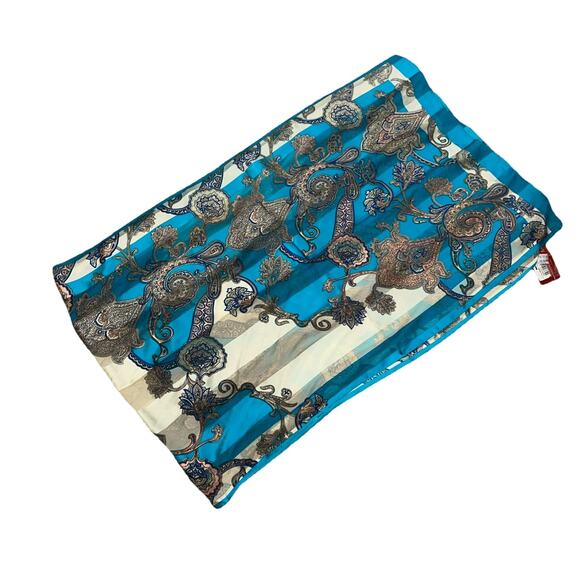 100% Silk Rectangular ASCOT Scarf Florals Beige Blue Peach Cream 69”x21” - Picture 4 of 6